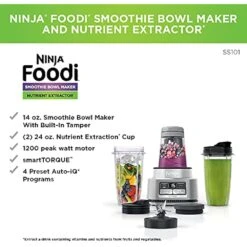 Ninja SS101 Foodi Smoothie Maker & Nutrient Extractor* 1200 WP, 6 Functions Smoothies, Extractions*, Spreads, SmartTORQUE, 14-oz. Smoothie Maker, (2) To-Go Cups & Lids, Silver -Small Appliance Store 51V7It1vvoS. AC US1000