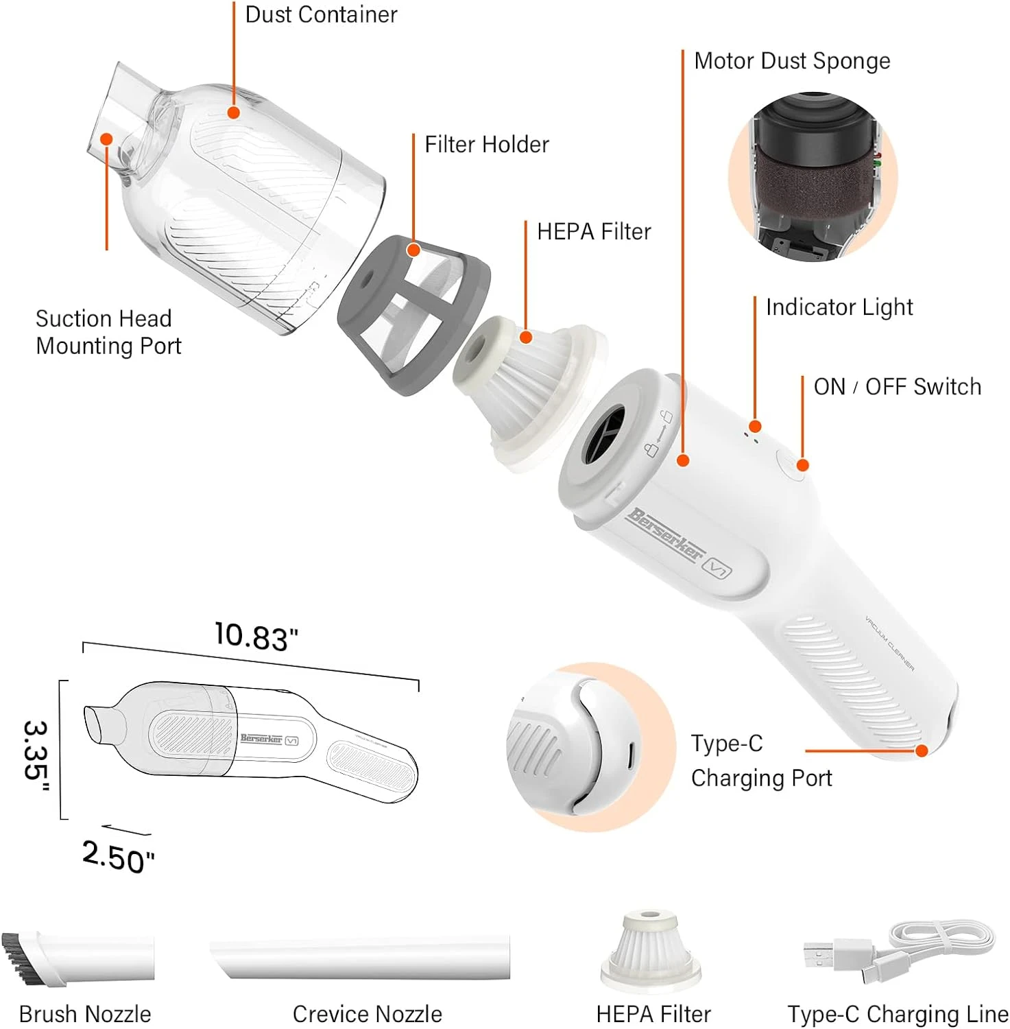 Berserker Handheld Vacuum Cordless, Portable Mini Car Hand Vacuum Cleaner Dust Buster With 5000Pa Suction For Home Office Pet Hair Furniture Cleaning, Small Lightweight And USB Rechargeable 4 Berserker Handheld Vacuum Cordless, Portable Mini Car Hand Vacuum Cleaner Dust Buster With 5000Pa Suction For Home Office Pet Hair Furniture Cleaning, Small Lightweight And USB Rechargeable - Image 2