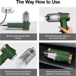 Cordless Handheld Vacuum Cleaner, 9000PA Powerful Suction Car Vacuum Cleaner, 3 In 1 Tiny Foldable Dust Buster With Filter Portable Vacuum Cleaner With LED For Car, Size-6.41x2.20x7.71 Inch (Green) -Small Appliance Store 61H12ieDeXL. AC SL1500