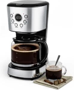 SIMOE Programmable Coffee Maker, 12-Cup Coffee Machine With Timer And Glass Carafe, Keep Warm, Brew Strength Control, Anti-Drip System, Black With Stainless Steel