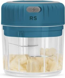 Real Simple Electric Mini Food Processor | Great For Garlic, Onion, Ginger, Jalapeño, Mini Chopper For Quick Food Prep Station | Portable USB Charging, 250 ML Food Container | Blue