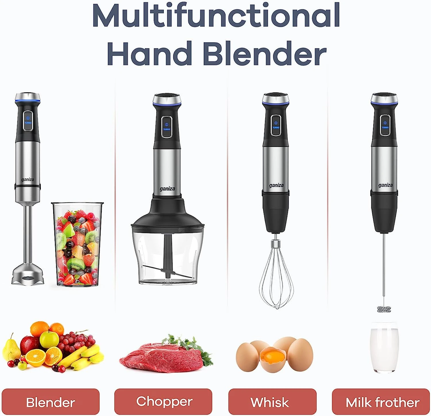 Ganiza Immersion Blender 5 In 1 Hand Blender 800W Heavy Duty Motor, 15 Speed And Turbo Mode Handheld Blender Stainless Steel Blade With 800ml Mixing Beaker, 600ml Chopper, Whisk And Milk Frother (Silver-1) 8 Ganiza Immersion Blender 5 In 1 Hand Blender 800W Heavy Duty Motor, 15 Speed And Turbo Mode Handheld Blender Stainless Steel Blade With 800ml Mixing Beaker, 600ml Chopper, Whisk And Milk Frother (Silver-1) - Image 6