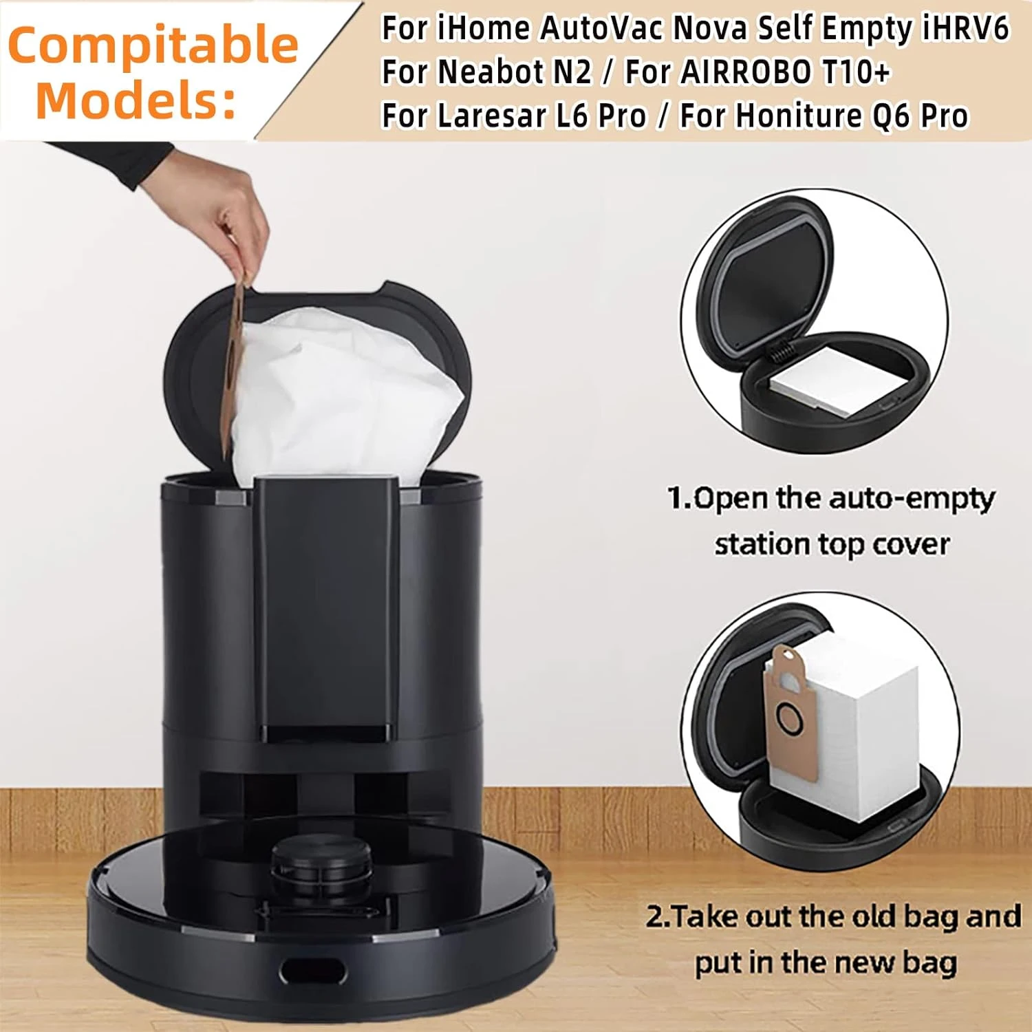 6 Pack 3.5L Vacuum Bags For IHome AutoVac Nova IHRV6-BLK Self Empty, For Laresar L6 Pro, For Honiture Q6 Pro, For AIRROBO T10+, For Neabot N2 Robot Vacuum Cleaner Replacement 6 Dust Bags 4 6 Pack 3.5L Vacuum Bags For IHome AutoVac Nova IHRV6-BLK Self Empty, For Laresar L6 Pro, For Honiture Q6 Pro, For AIRROBO T10+, For Neabot N2 Robot Vacuum Cleaner Replacement 6 Dust Bags - Image 2