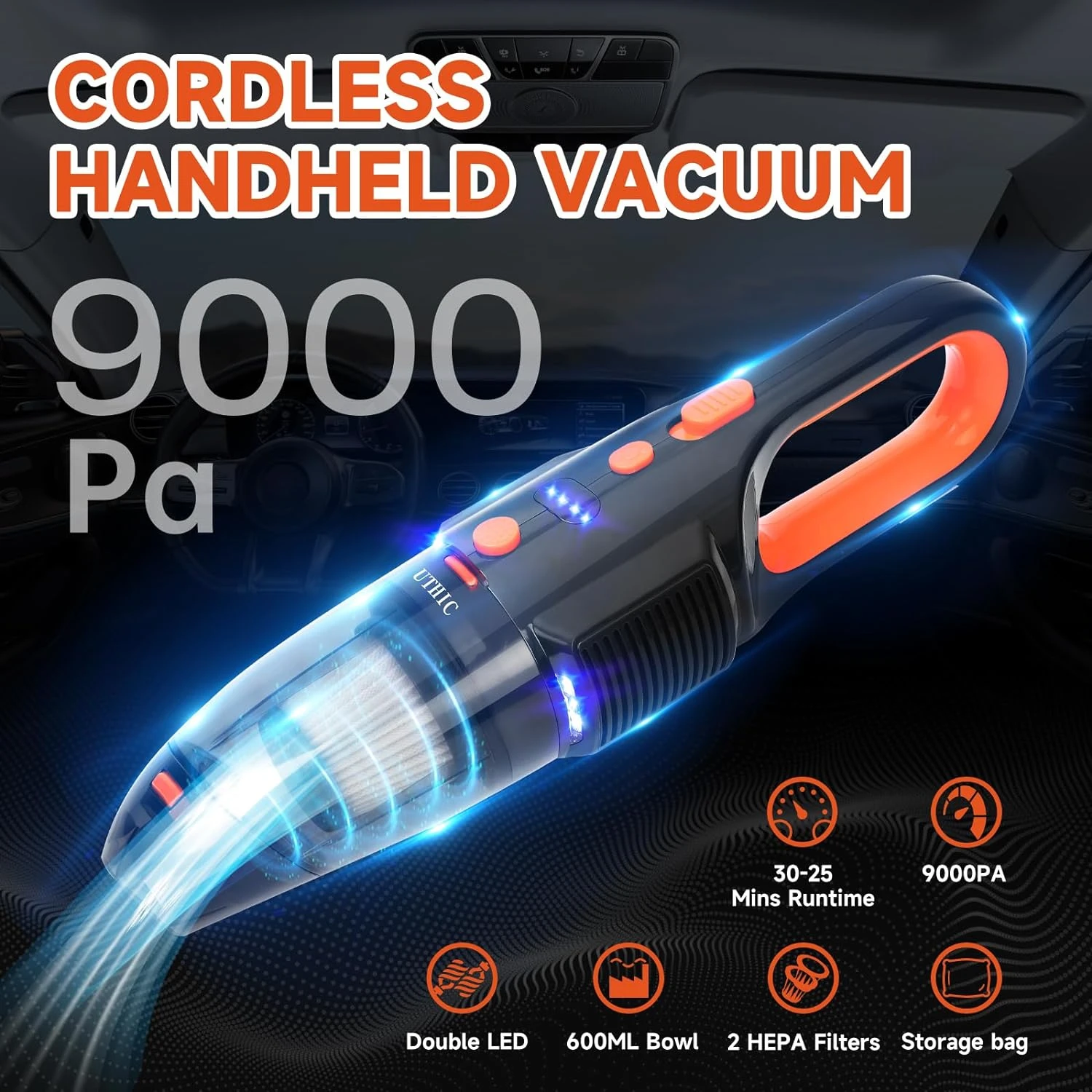 UTHIC Car Vacuum Cordless Rechargeable With 2 Filters,Cordless Vacuum Cleaner With 9000Pa Strong Suction,Mini Portable Hand Vacuum Cordless With Large-Capacity Battery,30min Runtime&Double LED Light 5 UTHIC Car Vacuum Cordless Rechargeable With 2 Filters,Cordless Vacuum Cleaner With 9000Pa Strong Suction,Mini Portable Hand Vacuum Cordless With Large-Capacity Battery,30min Runtime&Double LED Light - Image 3
