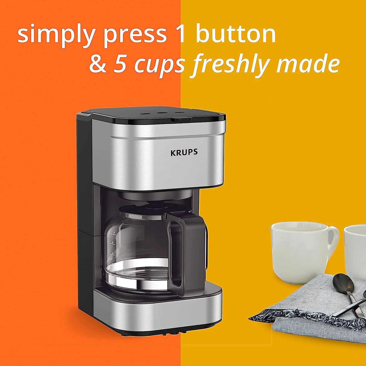 Krups Simply Brew Stainless Steel Drip Coffee Maker 5 Cup 650 Watts Coffee Filter, Drip Free, Dishwasher Safe Pot, Compact Silver And Black 4 Krups Simply Brew Stainless Steel Drip Coffee Maker 5 Cup 650 Watts Coffee Filter, Drip Free, Dishwasher Safe Pot, Compact Silver And Black - Image 2