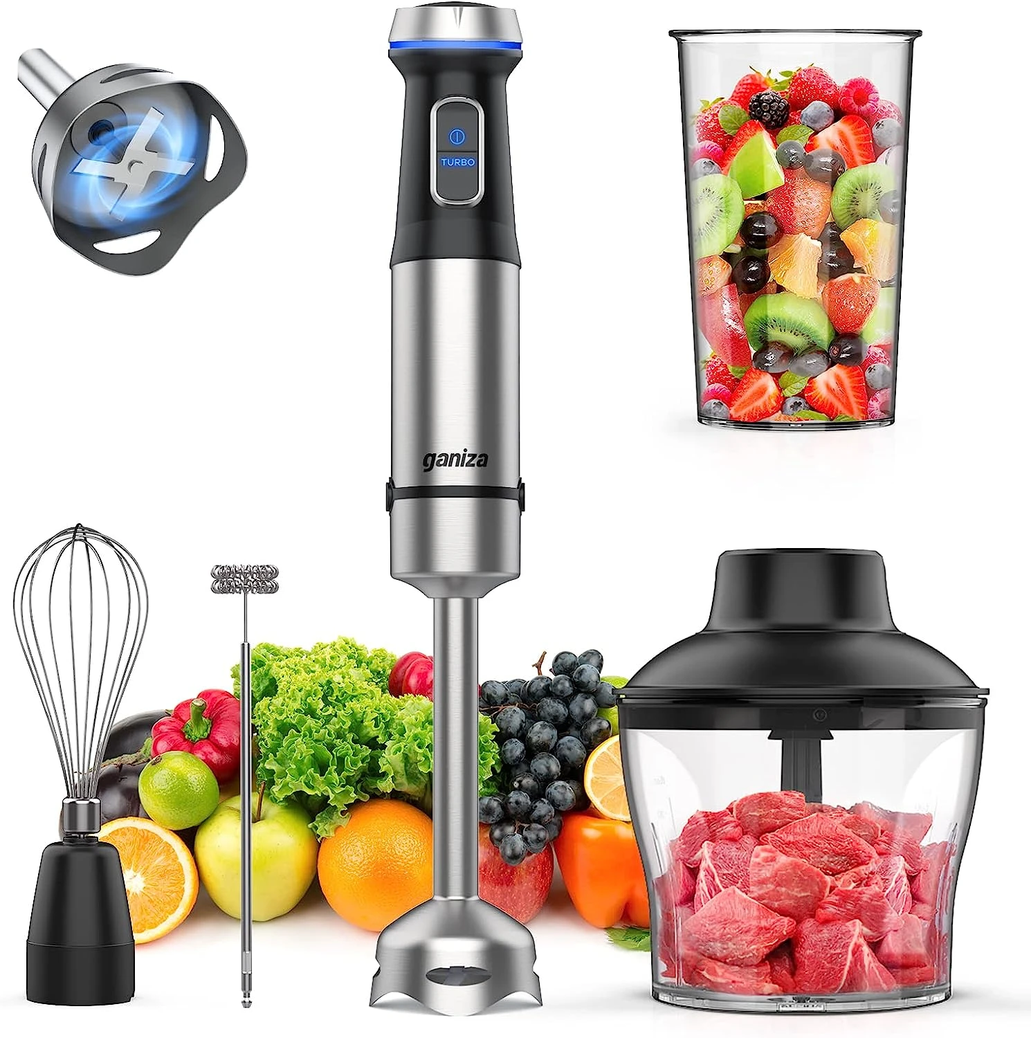 Ganiza Immersion Blender 5 In 1 Hand Blender 800W Heavy Duty Motor, 15 Speed And Turbo Mode Handheld Blender Stainless Steel Blade With 800ml Mixing Beaker, 600ml Chopper, Whisk And Milk Frother (Silver-1) 3 Ganiza Immersion Blender 5 In 1 Hand Blender 800W Heavy Duty Motor, 15 Speed And Turbo Mode Handheld Blender Stainless Steel Blade With 800ml Mixing Beaker, 600ml Chopper, Whisk And Milk Frother (Silver-1)