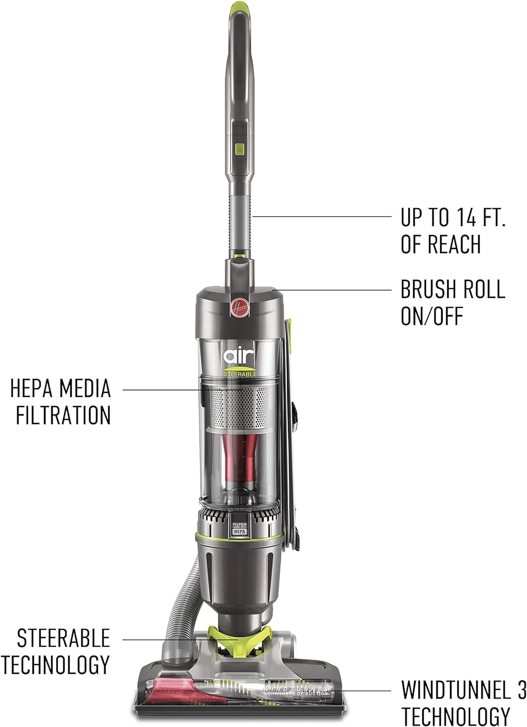 Hoover Windtunnel Air Steerable Bagless Upright Vacuum Cleaner, Lightweight, Corded, UH72400, Grey , Gray 10 Hoover Windtunnel Air Steerable Bagless Upright Vacuum Cleaner, Lightweight, Corded, UH72400, Grey , Gray - Image 8