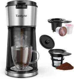 Tastyle Single Serve Coffee Maker For K Cup & Ground Coffee, Regular And Bold Brew Options, Small Coffee Machine Single Cup With Descaling Reminder, Fits Travel Mug, 6 To 14 Oz Brew Size, Black