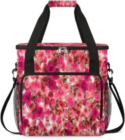 Cfpolar Coffee Maker Carrying Bag Red Pink Roses Flowers Travel Coffee Machine Bag Carrying Organizer Case Portable Single Serve Coffee Brewer Tote Bag Storage Bag For Camping Picnic