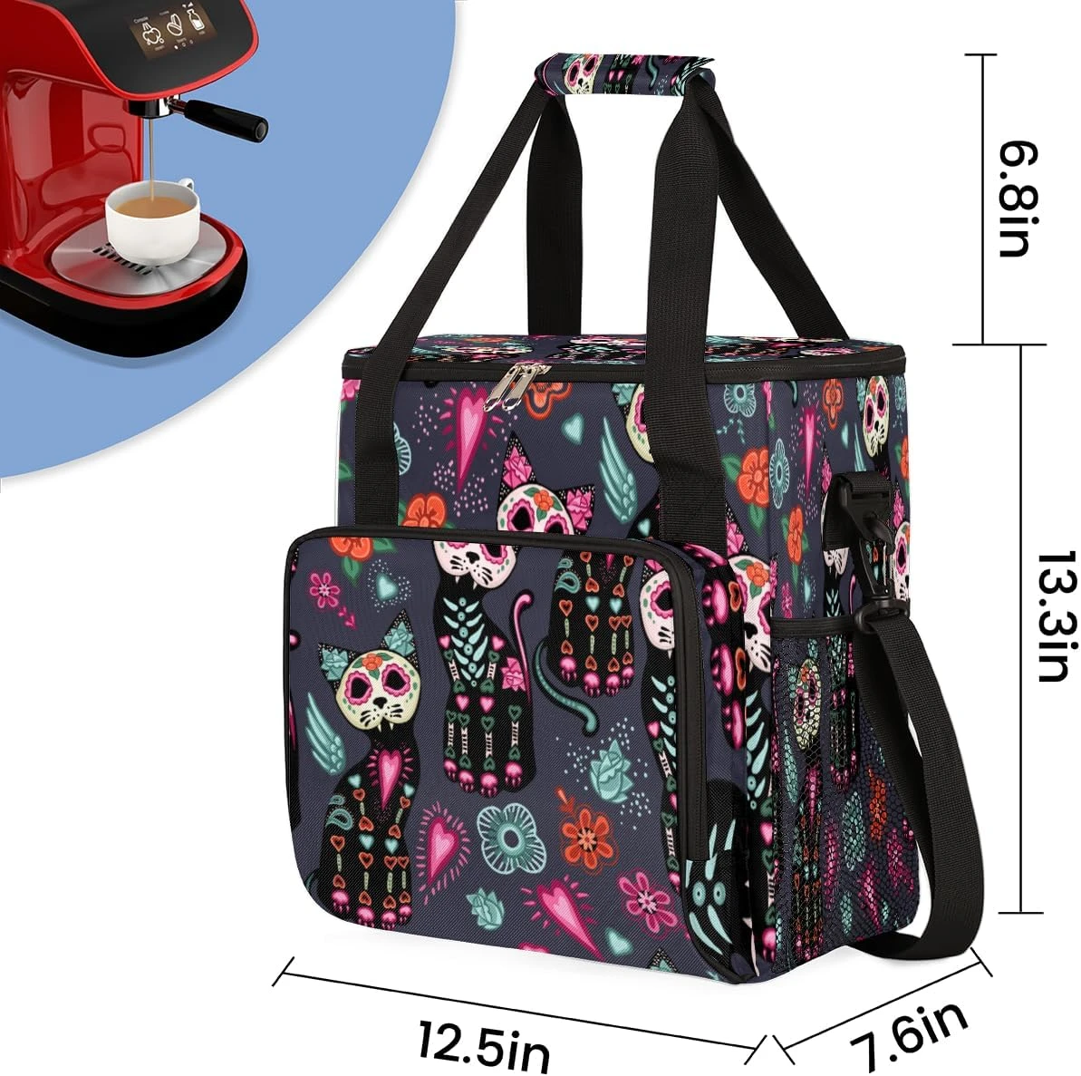 Cfpolar Coffee Maker Carrying Bag Day Of Dead Sugar Skull Cats Travel Coffee Machine Bag Carrying Organizer Case Portable Single Serve Coffee Brewer Tote Bag Storage Bag For Camping Picnic 5 Cfpolar Coffee Maker Carrying Bag Day Of Dead Sugar Skull Cats Travel Coffee Machine Bag Carrying Organizer Case Portable Single Serve Coffee Brewer Tote Bag Storage Bag For Camping Picnic - Image 3