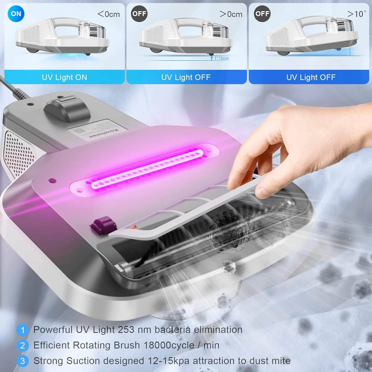 Kovshuiwe Mattress Vacuum Cleaner, UV Handheld Vacuum With 12Kpa Strong Suction And Low Noise, HEPA, Corded Bed Vacuum Cleaner, Cleaning Of Mattresses, Sofas, Pet Hair, Carpets, White 6 Kovshuiwe Mattress Vacuum Cleaner, UV Handheld Vacuum With 12Kpa Strong Suction And Low Noise, HEPA, Corded Bed Vacuum Cleaner, Cleaning Of Mattresses, Sofas, Pet Hair, Carpets, White - Image 4