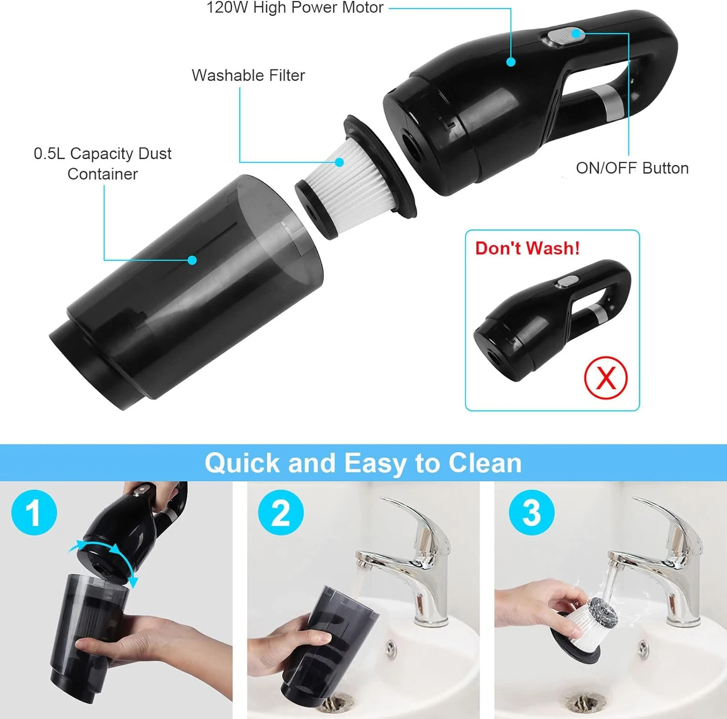 CHUYI Handheld Vacuum Cleaner, Rechargeable Mini Portable Wet And Dry Wireless Car Vacuum Cleaner With HEPA Filters For All-Round Cleaning, With Floor Brush, Various Nozzles, And Storage Bag 4 CHUYI Handheld Vacuum Cleaner, Rechargeable Mini Portable Wet And Dry Wireless Car Vacuum Cleaner With HEPA Filters For All-Round Cleaning, With Floor Brush, Various Nozzles, And Storage Bag - Image 2