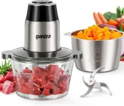 GANIZA Food Processors, Electric Food Chopper With Meat Grinder & Vegetable Chopper - 2 Bowls (8 Cup+8 Cup) With Powerful 450W Copper Motor - Includes 2 Sets Of Bi-Level Blades For Baby Food/Meat/Nuts