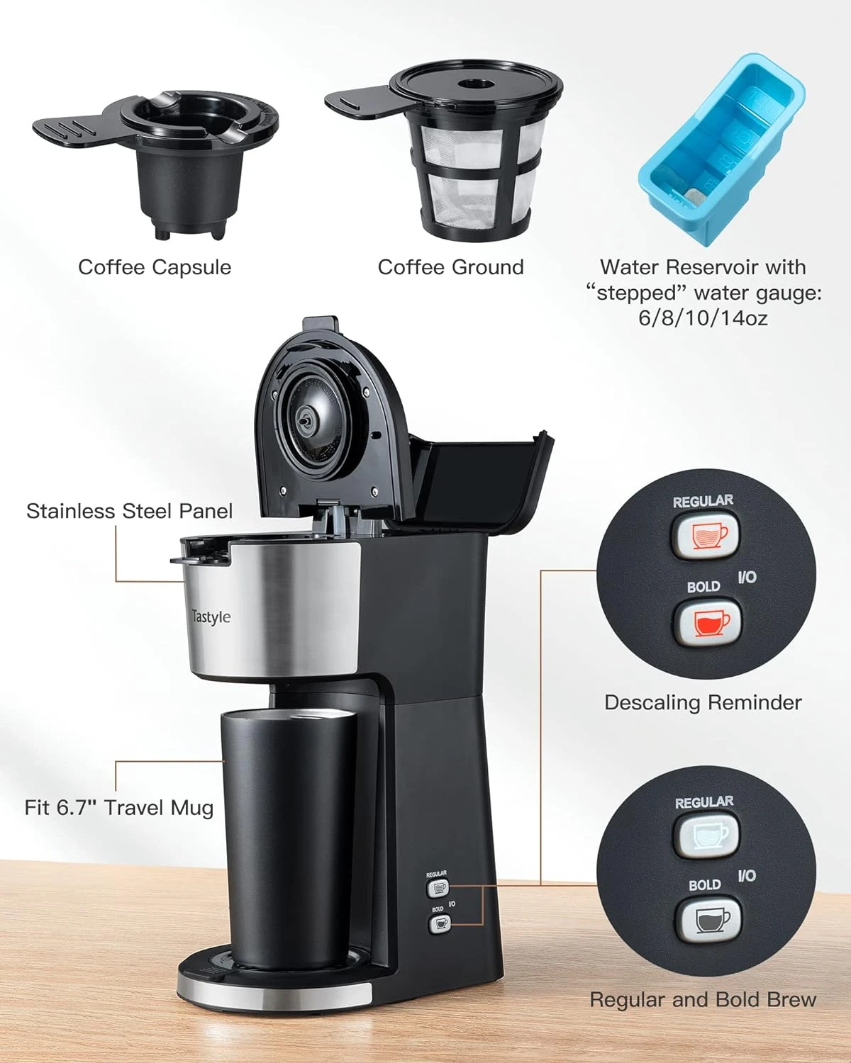 Tastyle Single Serve Coffee Maker For K Cup & Ground Coffee, Regular And Bold Brew Options, Small Coffee Machine Single Cup With Descaling Reminder, Fits Travel Mug, 6 To 14 Oz Brew Size, Black 4 Tastyle Single Serve Coffee Maker For K Cup & Ground Coffee, Regular And Bold Brew Options, Small Coffee Machine Single Cup With Descaling Reminder, Fits Travel Mug, 6 To 14 Oz Brew Size, Black - Image 2