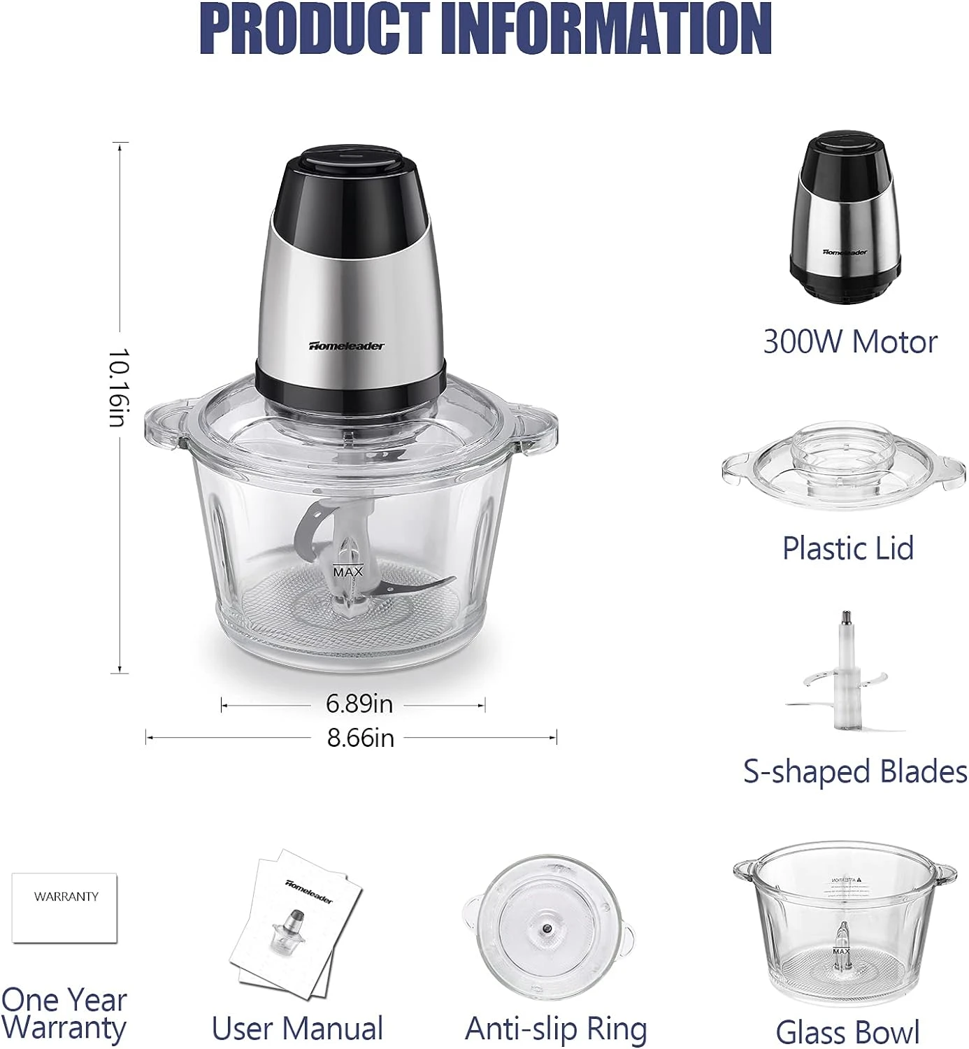 Electric Food Chopper, 8-Cup Food Processor By Homeleader, 2L Glass Bowl Grinder For Meat, Vegetables, Fruits And Nuts, Stainless Steel Motor Unit And 4 Sharp Blades, 300W 6 Electric Food Chopper, 8-Cup Food Processor By Homeleader, 2L Glass Bowl Grinder For Meat, Vegetables, Fruits And Nuts, Stainless Steel Motor Unit And 4 Sharp Blades, 300W - Image 4