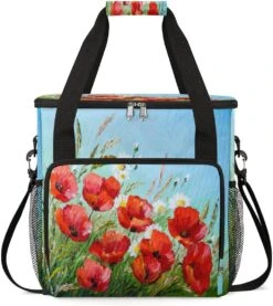 Cfpolar Coffee Maker Carrying Bag Floral Flower Poppy Travel Coffee Machine Bag Carrying Organizer Case Portable Single Serve Coffee Brewer Tote Bag Storage Bag For Camping Picnic