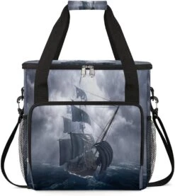 Cfpolar Coffee Maker Carrying Bag Pirate Ship On Stormy Sea Travel Coffee Machine Bag Carrying Organizer Case Portable Single Serve Coffee Brewer Tote Bag Storage Bag For Camping Picnic