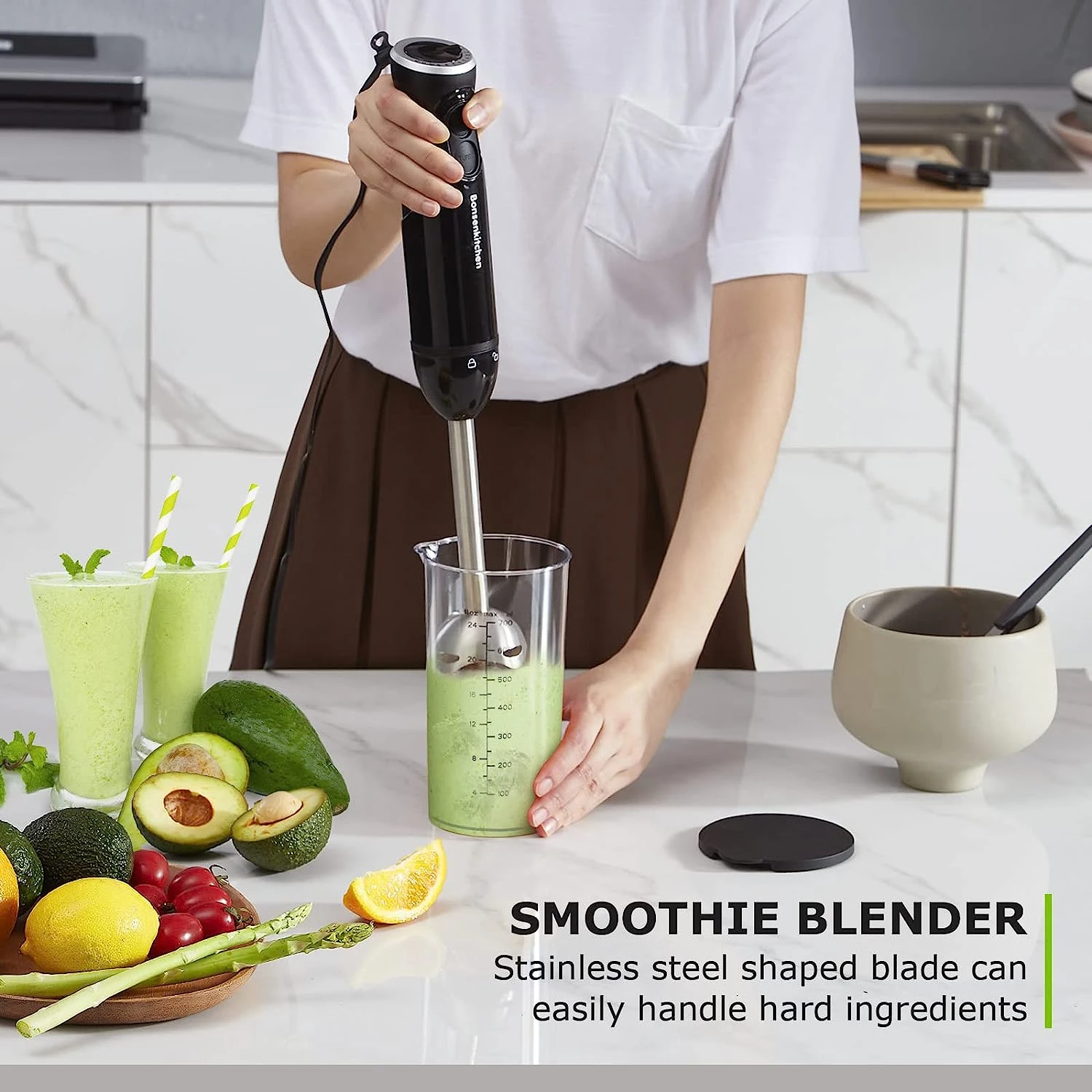 Bonsenkitchen Handheld Blender, Electric Hand Blender 12-Speed & Turbo Mode, Immersion Blender Portable Stick Mixer With Stainless Steel Blades For Soup, Smoothie, Puree, Baby Food 6 Bonsenkitchen Handheld Blender, Electric Hand Blender 12-Speed & Turbo Mode, Immersion Blender Portable Stick Mixer With Stainless Steel Blades For Soup, Smoothie, Puree, Baby Food - Image 4