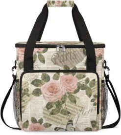 Cfpolar Coffee Maker Carrying Bag Vintage Pink Rose Travel Coffee Machine Bag Carrying Organizer Case Portable Single Serve Coffee Brewer Tote Bag Storage Bag For Camping Picnic