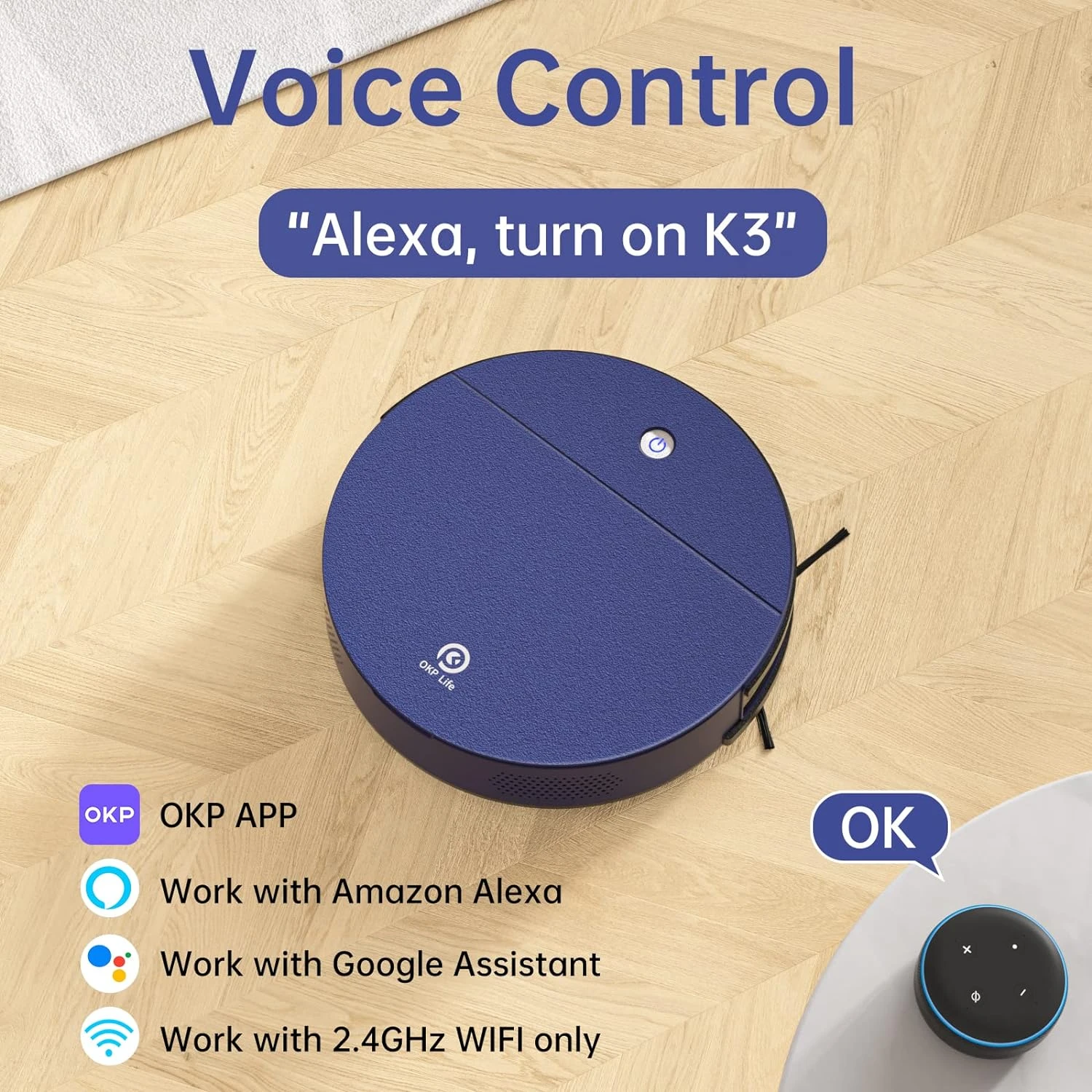 OKP K3 Robot Vacuum Cleaner Self-Charging Robotic Vacuum Cleaner With 2000Pa Strong Suction Voice Control For Hardfloor And Carpet,Blue 4 OKP K3 Robot Vacuum Cleaner Self-Charging Robotic Vacuum Cleaner With 2000Pa Strong Suction Voice Control For Hardfloor And Carpet,Blue - Image 2
