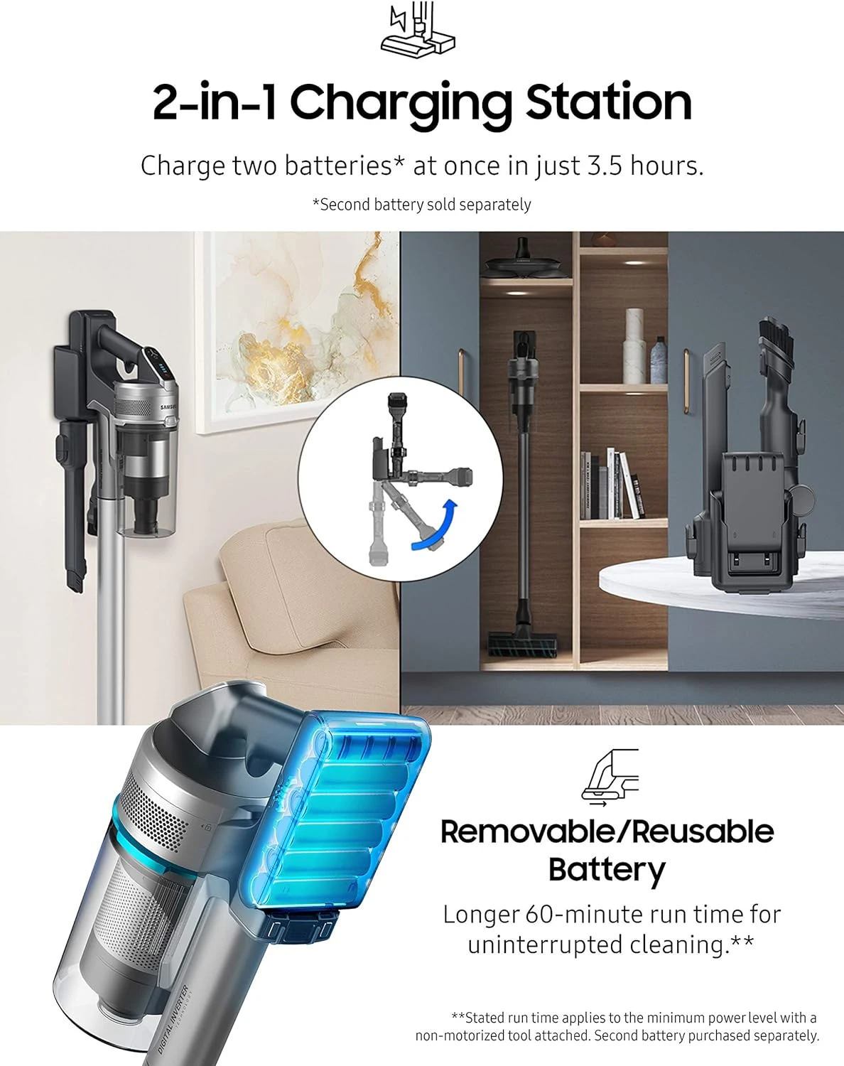 Samsung Jet 75 Stick Cordless Lightweight Vacuum Cleaner With Removable Long Lasting Battery And 200 Air Watt Suction Power, Complete With 180 Deg Swivel Brush, Titan Silver 5 Samsung Jet 75 Stick Cordless Lightweight Vacuum Cleaner With Removable Long Lasting Battery And 200 Air Watt Suction Power, Complete With 180 Deg Swivel Brush, Titan Silver - Image 3