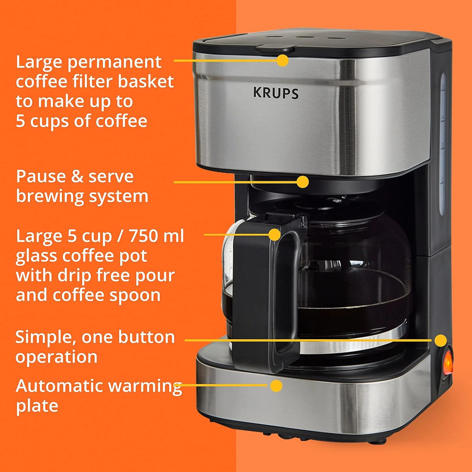 Krups Simply Brew Stainless Steel Drip Coffee Maker 5 Cup 650 Watts Coffee Filter, Drip Free, Dishwasher Safe Pot, Compact Silver And Black 9 Krups Simply Brew Stainless Steel Drip Coffee Maker 5 Cup 650 Watts Coffee Filter, Drip Free, Dishwasher Safe Pot, Compact Silver And Black - Image 7