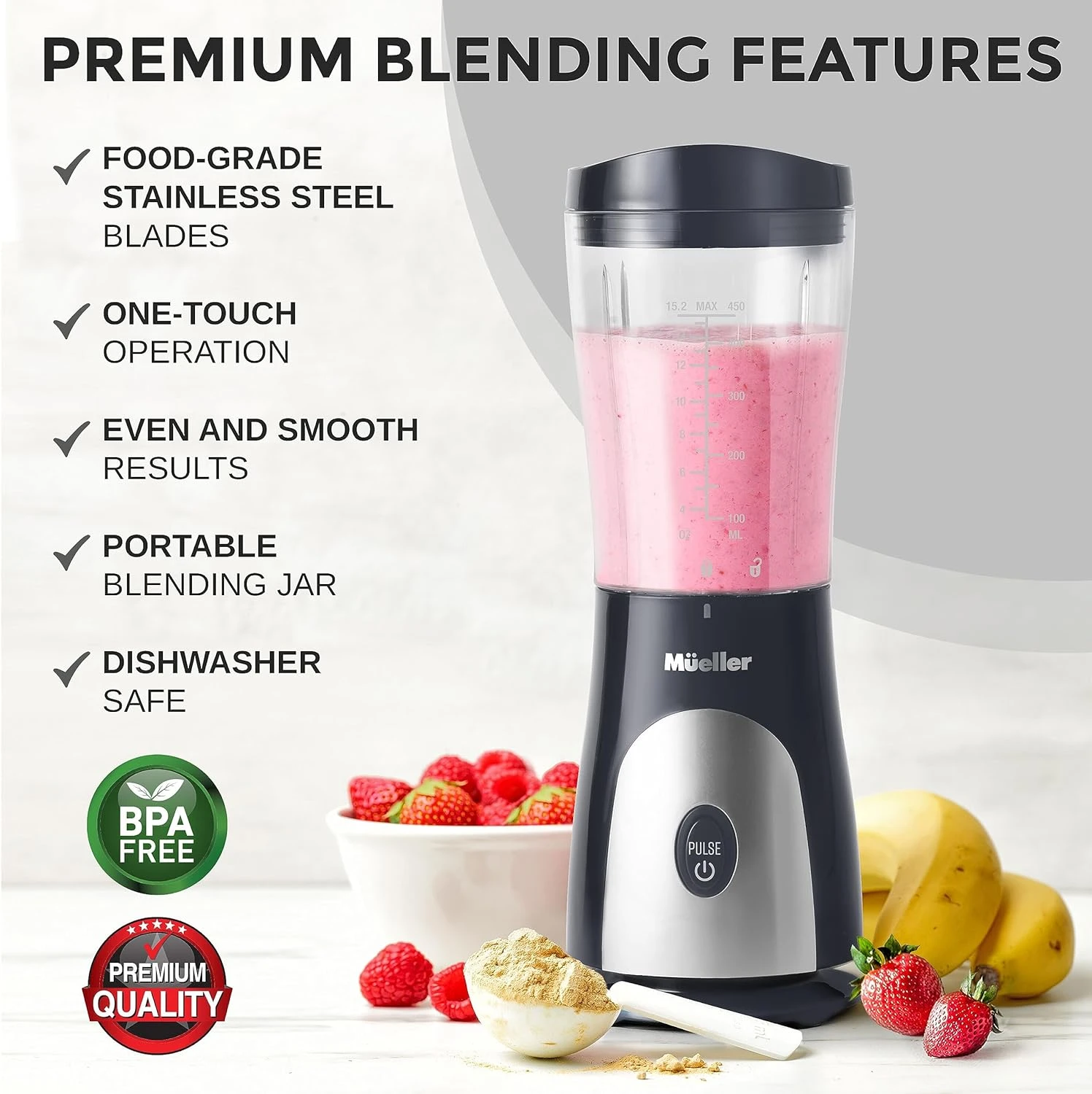Mueller Personal Blender For Shakes And Smoothies With 15 Oz Travel Cup And Lid, Juices, Baby Food, Heavy-Duty Portable Blender & Food Processor, Grey 4 Mueller Personal Blender For Shakes And Smoothies With 15 Oz Travel Cup And Lid, Juices, Baby Food, Heavy-Duty Portable Blender & Food Processor, Grey - Image 2