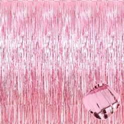 3 Pack Foil Fringe Curtains Backdrop, 3.28Ft X 8.2Ft Metallic Tinsel Foil Fringe Streamer Curtains For Photo Booth, Christmas, Halloween, Birthday, Wedding Party Decorations(Pink)