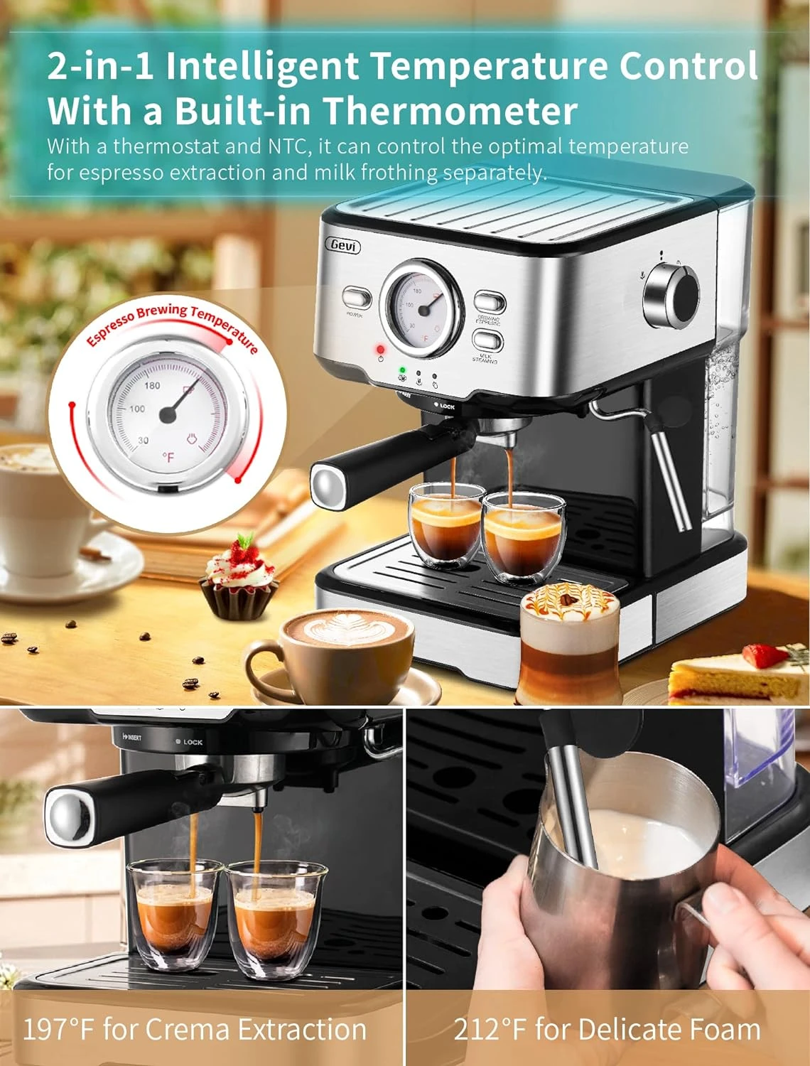 Gevi Espresso Machine 15 Bar Pump Pressure, Cappuccino Coffee Maker With Milk Foaming Steam Wand For Latte, Mocha, Cappuccino, 1.5L Water Tank, 1100W, Black3 4 Gevi Espresso Machine 15 Bar Pump Pressure, Cappuccino Coffee Maker With Milk Foaming Steam Wand For Latte, Mocha, Cappuccino, 1.5L Water Tank, 1100W, Black3 - Image 2