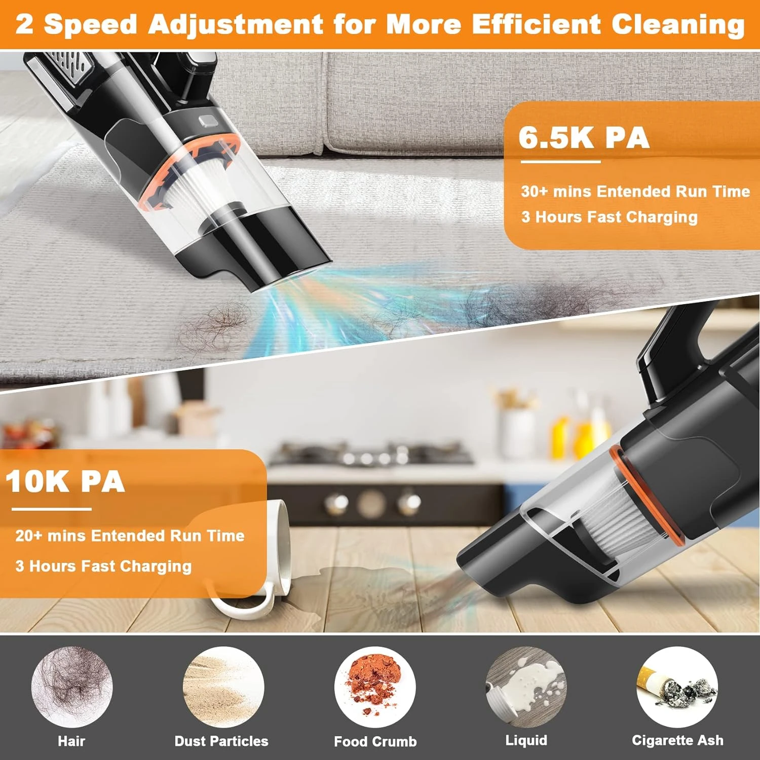 Wapasoo Handheld Vacuum Car Vacuum - 2 Speed Mini Vacuum Hand Vacuum, 10000Pa Pet Hair Vacuum Cleaner, Lightweight And Rechargeable Car Vacuum Hand Held Vacuum Cordless For Car Home Office-Black 4 Wapasoo Handheld Vacuum Car Vacuum - 2 Speed Mini Vacuum Hand Vacuum, 10000Pa Pet Hair Vacuum Cleaner, Lightweight And Rechargeable Car Vacuum Hand Held Vacuum Cordless For Car Home Office-Black - Image 2