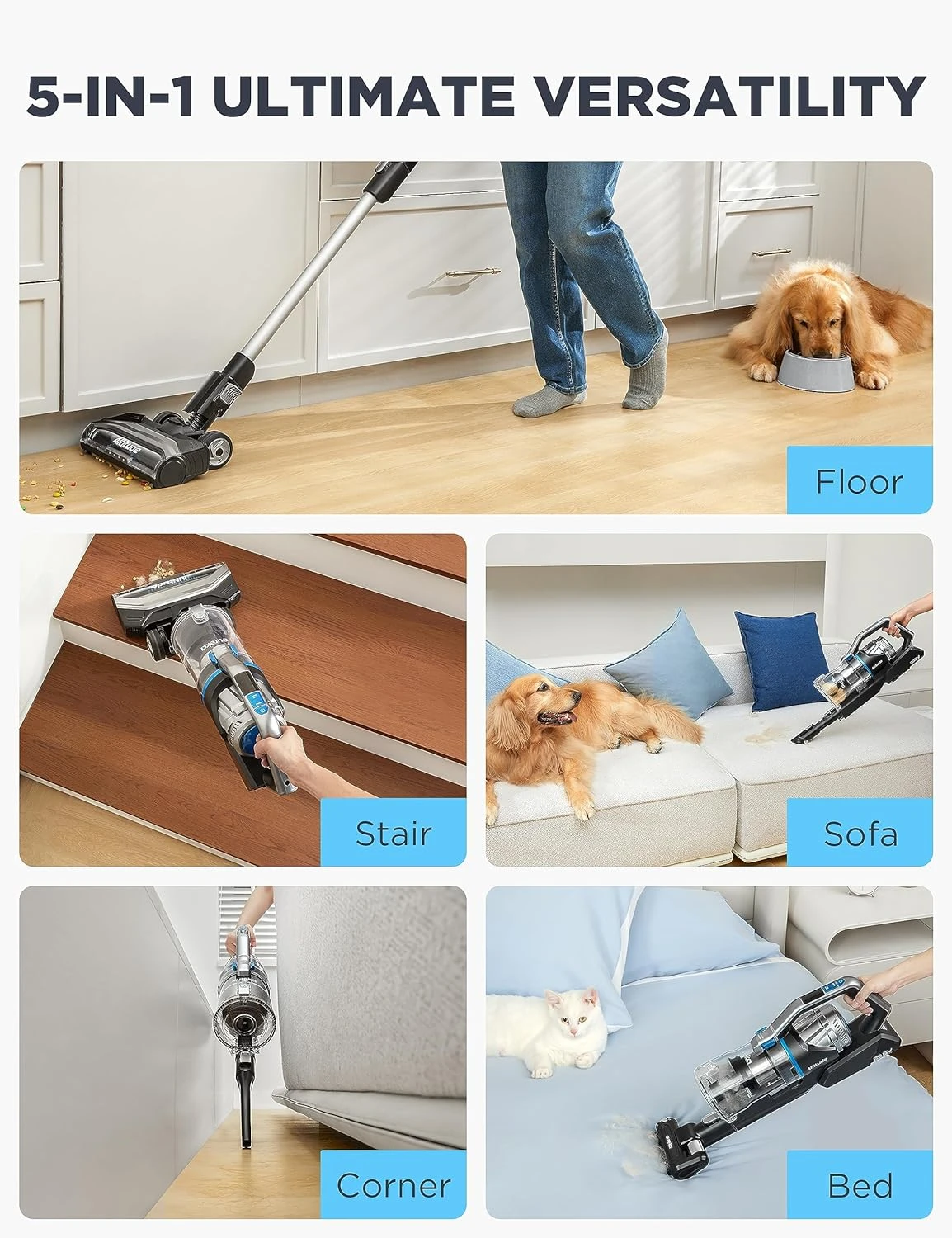 Eureka Cordless Vacuum Cleaner, Ideal For Pet Family, 5 In 1 Stick Vacuum For Home Pet Hair Carpet Hardfloor, 450W Powerful Suction, Air Filter System, LED Headlights, 60 Mins Runtime 4 Eureka Cordless Vacuum Cleaner, Ideal For Pet Family, 5 In 1 Stick Vacuum For Home Pet Hair Carpet Hardfloor, 450W Powerful Suction, Air Filter System, LED Headlights, 60 Mins Runtime - Image 2